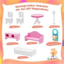 Hölzernes Puppenhaus mit 8-teiligem Möbelset für Kinder ab 3 Jahren 71 x 23,5 x 87 cm