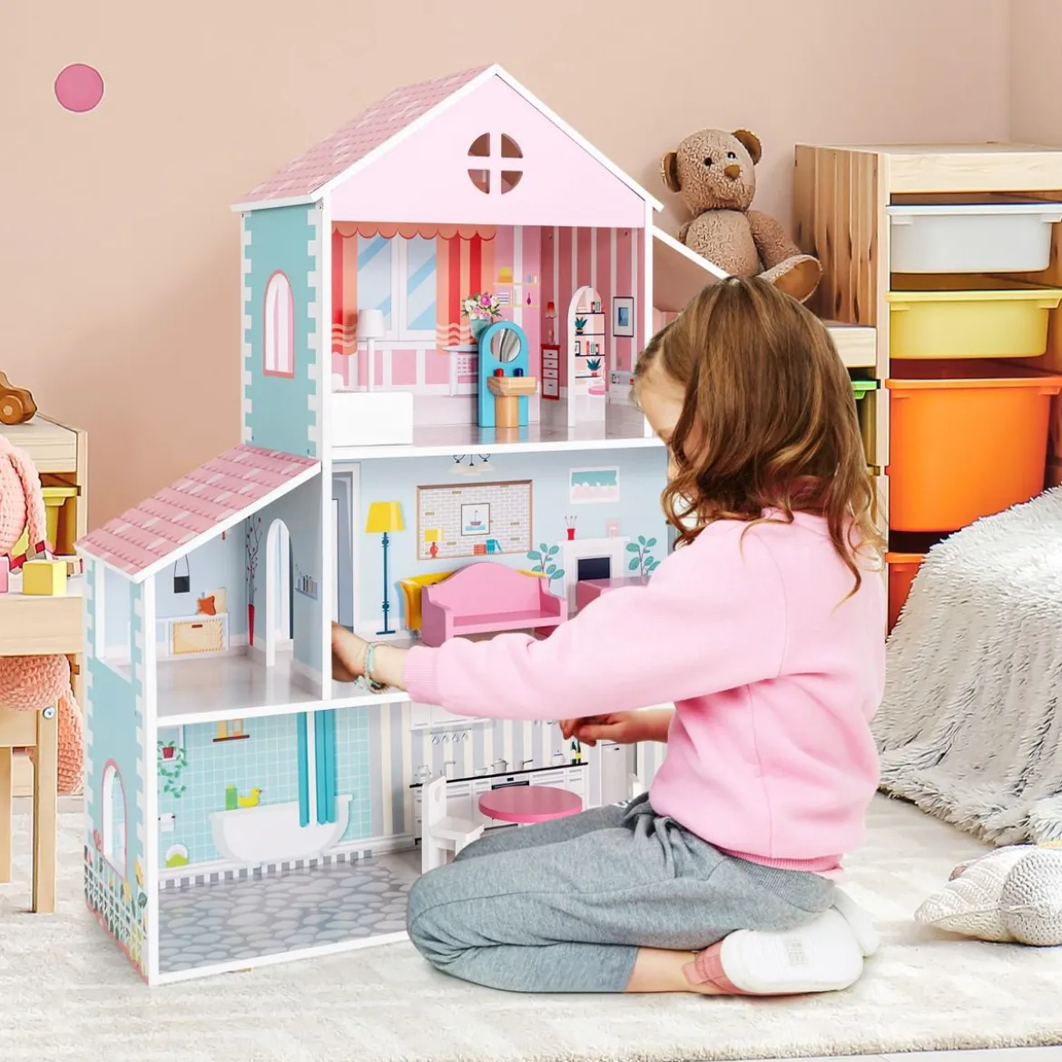 Hölzernes Puppenhaus mit 8-teiligem Möbelset für Kinder ab 3 Jahren 71 x 23,5 x 87 cm