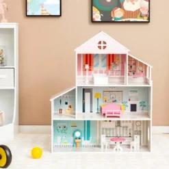 Hölzernes Puppenhaus mit 8-teiligem Möbelset für Kinder ab 3 Jahren 71 x 23,5 x 87 cm