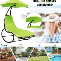 Hängeliege Schwebeliege mit Sonnenschirm und Auflage bis 150kg belastbar Grün