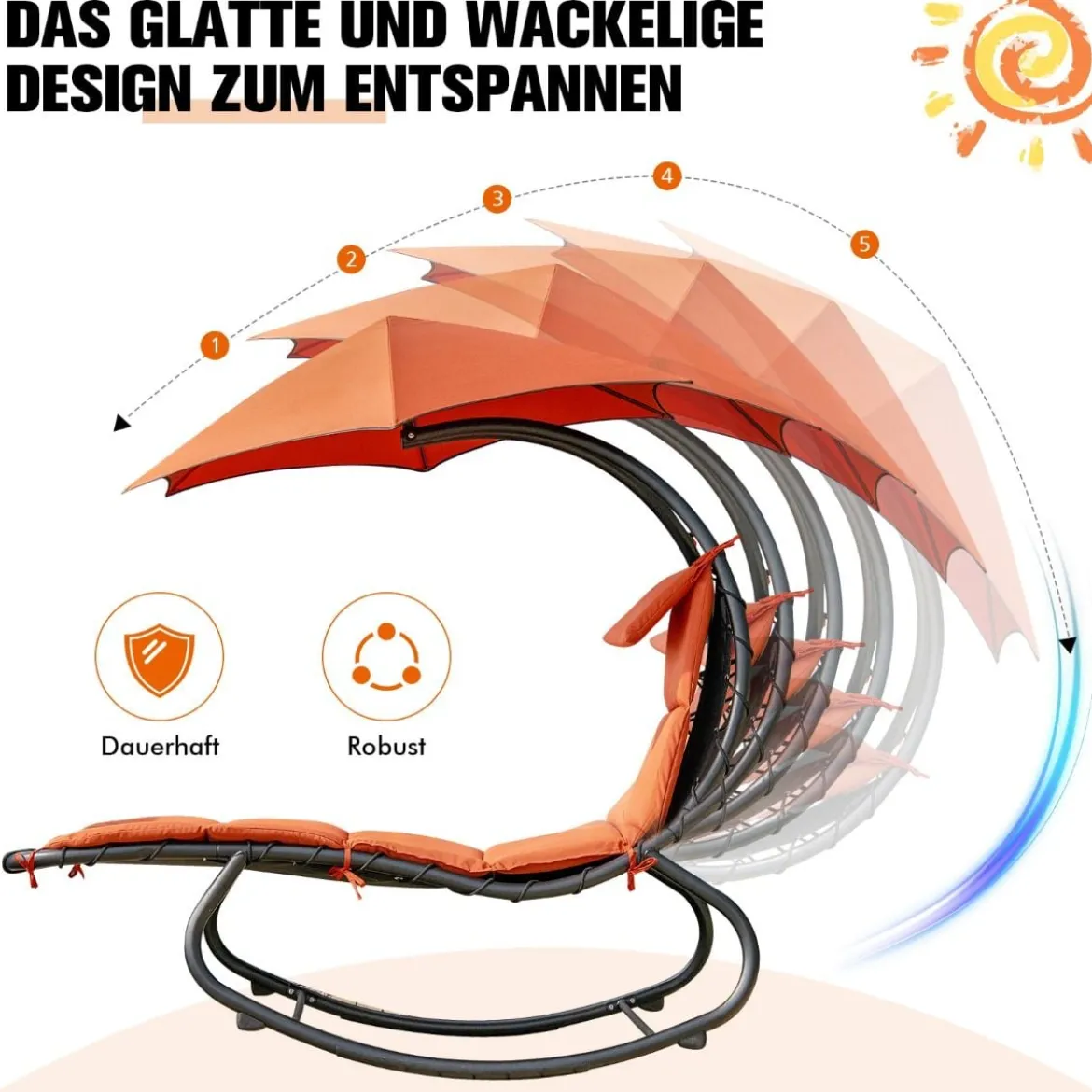 Hängeliege Schwebeliege mit Sonnenschirm und Auflage bis 150kg belastbar Orange