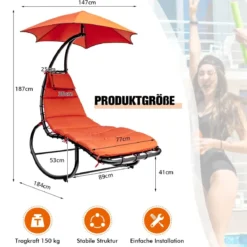 Hängeliege Schwebeliege mit Sonnenschirm und Auflage bis 150kg belastbar Orange