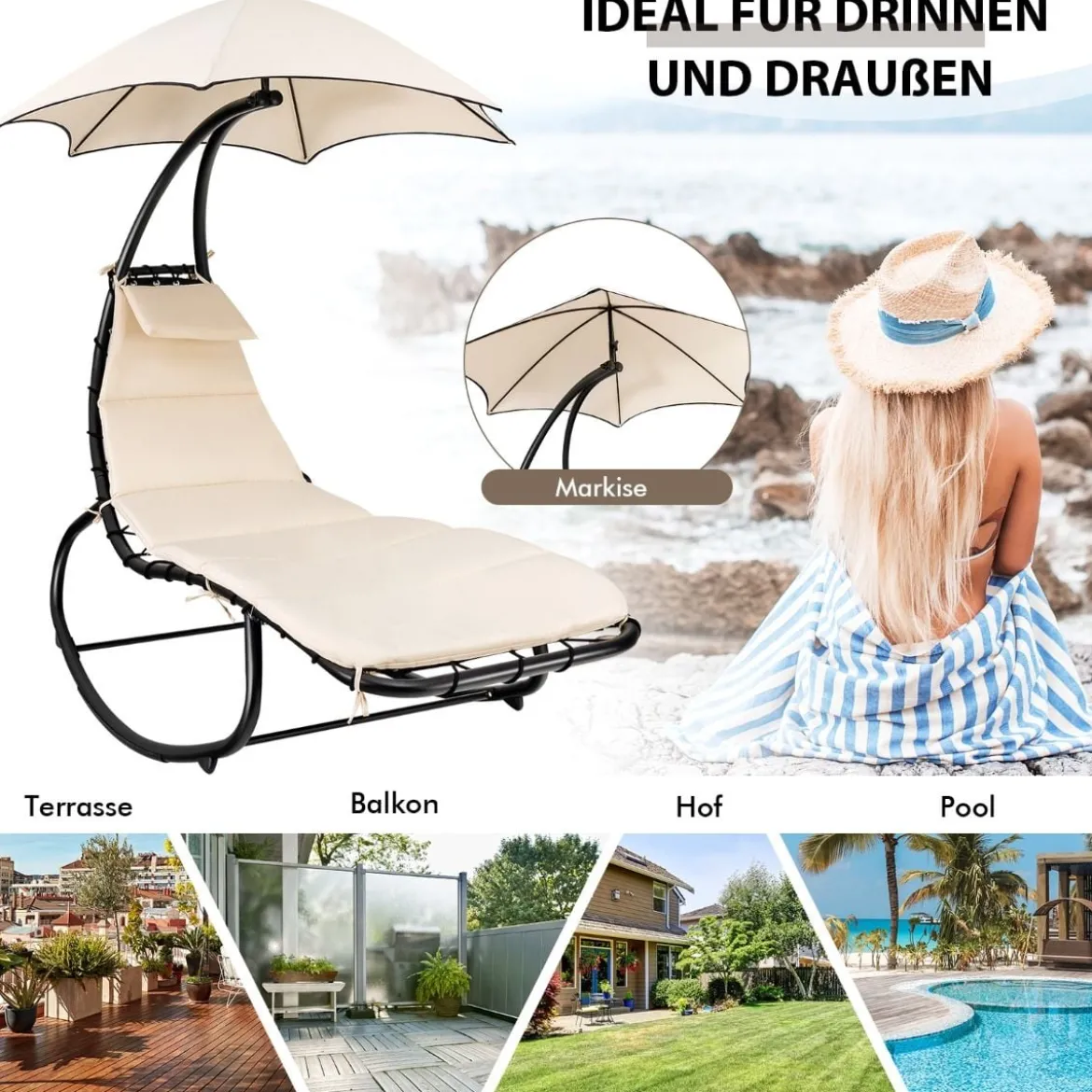 Hängematte Liegestuhl mit Sonnendach 184 cm x 147 cm x 187 cm Beige