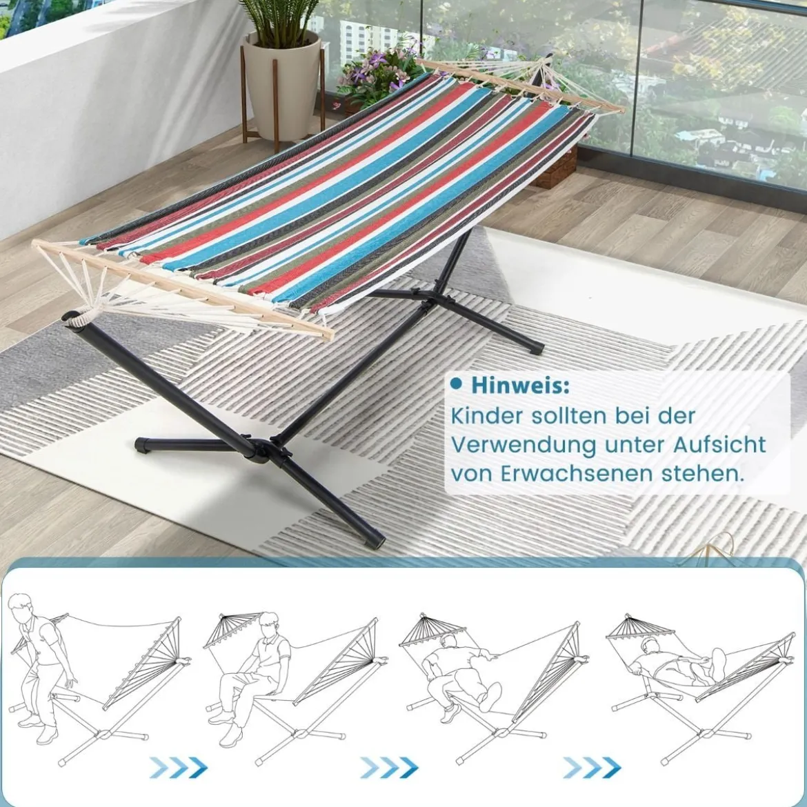 Hängematte mit Ständer & Tragetasche & Weicher Schlafmatte Outdoor Hängemattenbett bis 150 kg belastbar 100 x 210 cm