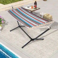 Hängematte mit Ständer & Tragetasche & Weicher Schlafmatte Outdoor Hängemattenbett bis 150 kg belastbar 100 x 210 cm