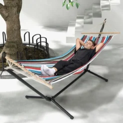 Hängematte mit Ständer & Tragetasche & Weicher Schlafmatte Outdoor Hängemattenbett bis 150 kg belastbar 100 x 210 cm
