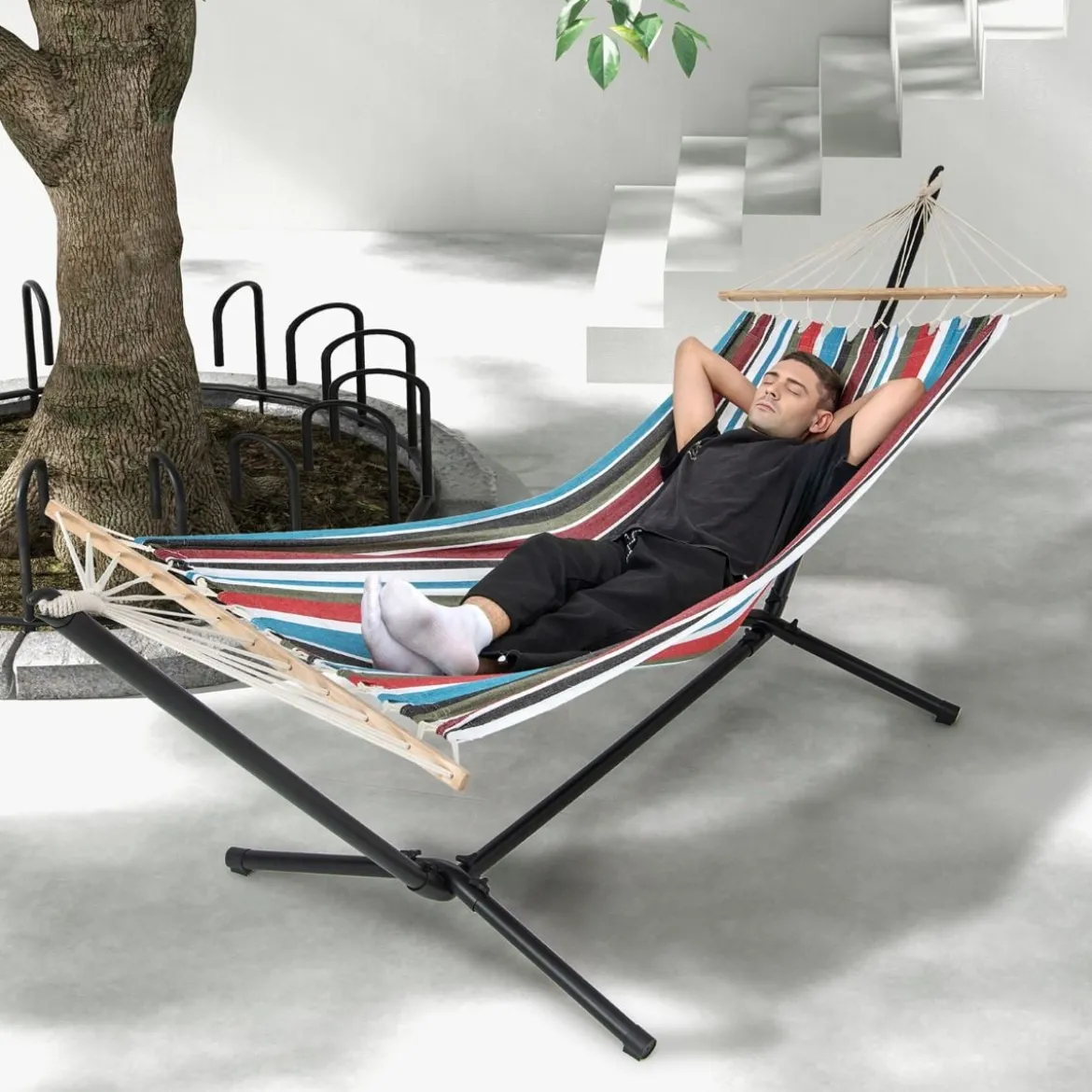 Hängematte mit Ständer & Tragetasche & Weicher Schlafmatte Outdoor Hängemattenbett bis 150 kg belastbar 100 x 210 cm