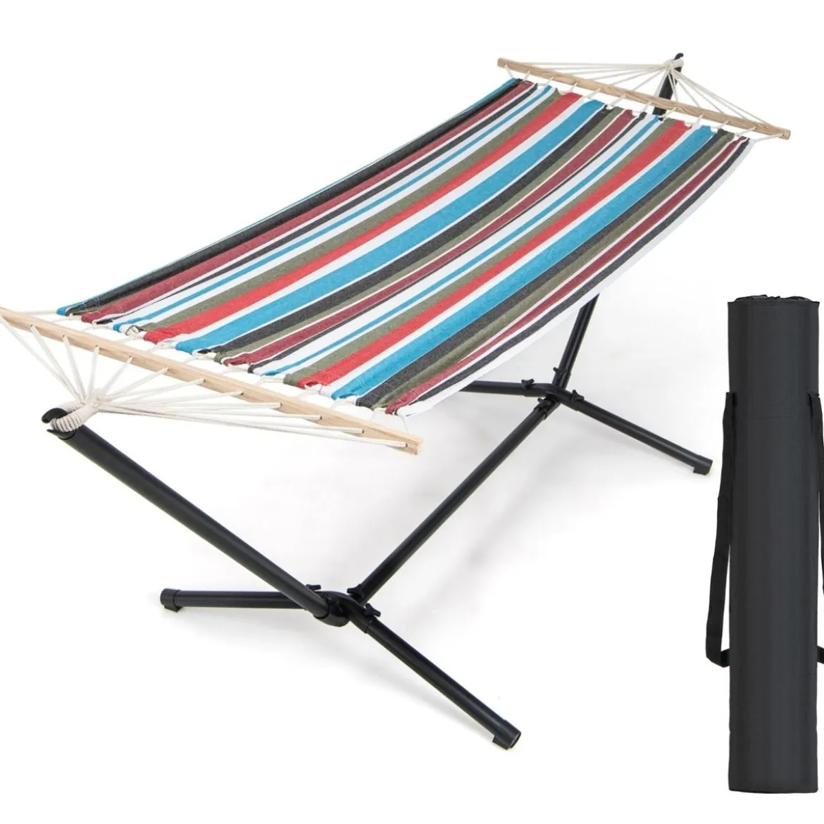 Hängematte mit Ständer & Tragetasche & Weicher Schlafmatte Outdoor Hängemattenbett bis 150 kg belastbar 100 x 210 cm