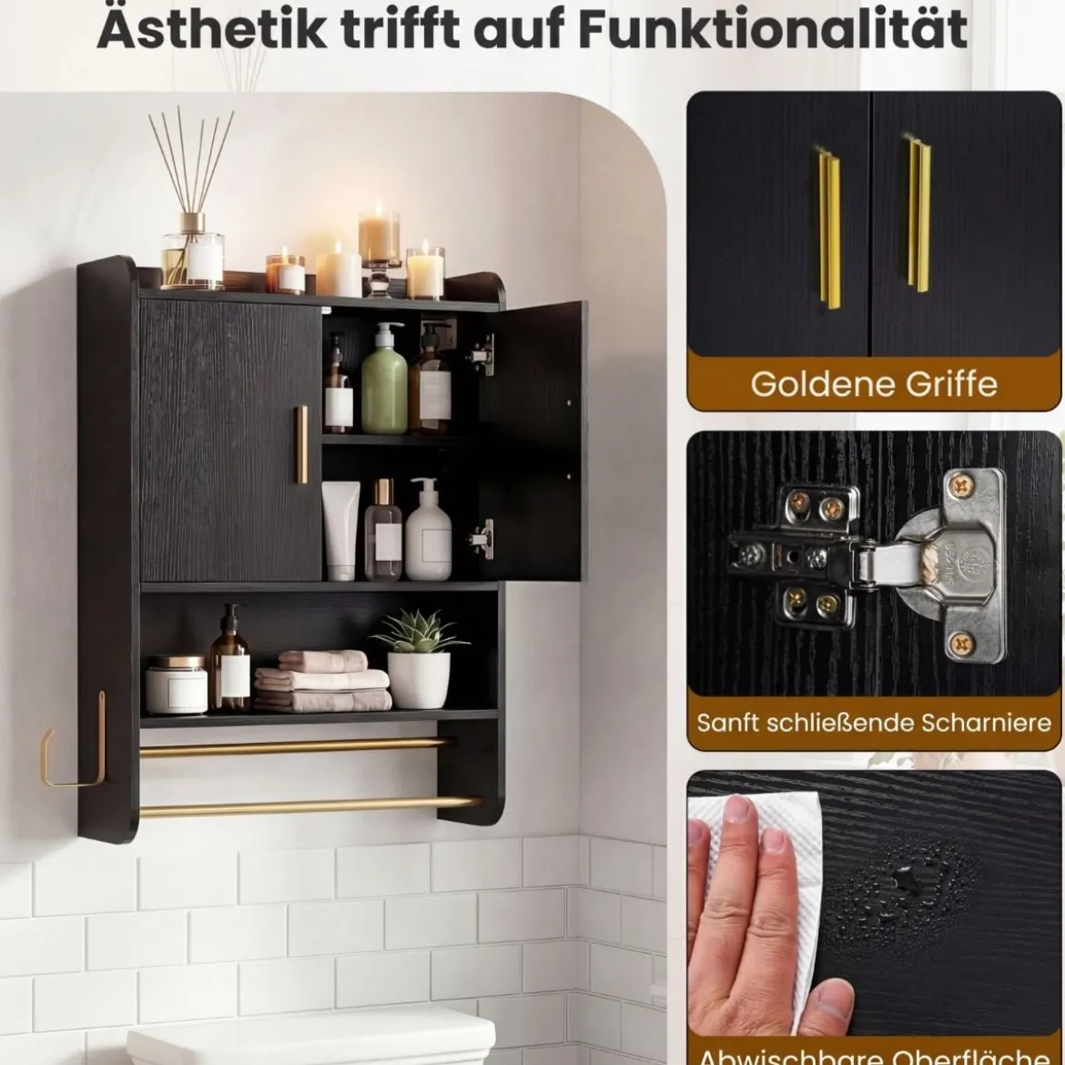 Hängender Badezimmerschrank 2 Türen Ablagen Handtuchhalter Verstellbar 55x20x80 cm Schwarz