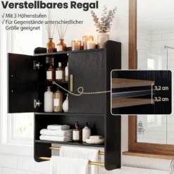 Hängender Badezimmerschrank 2 Türen Ablagen Handtuchhalter Verstellbar 55x20x80 cm Schwarz