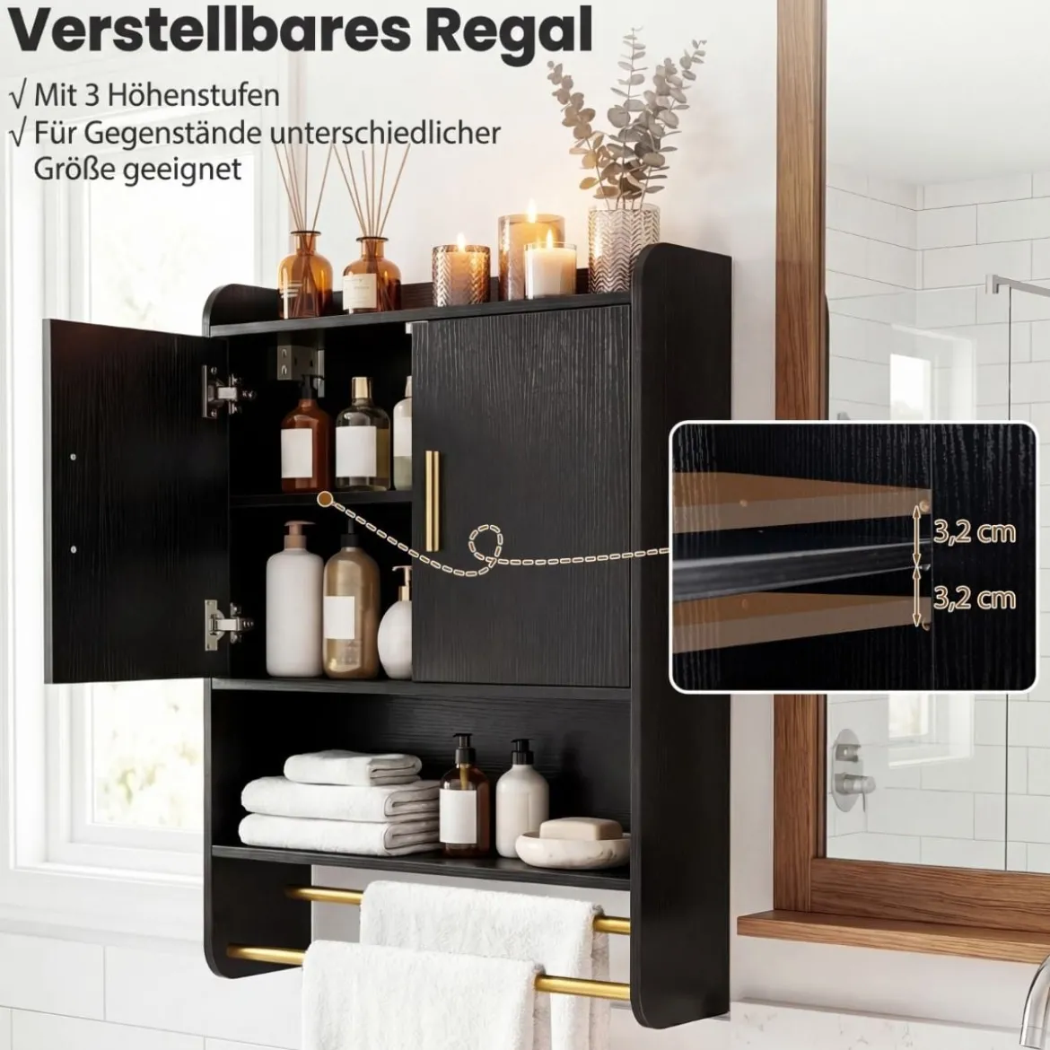 Hängender Badezimmerschrank 2 Türen Ablagen Handtuchhalter Verstellbar 55x20x80 cm Schwarz