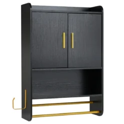 Hängender Badezimmerschrank 2 Türen Ablagen Handtuchhalter Verstellbar 55x20x80 cm Schwarz