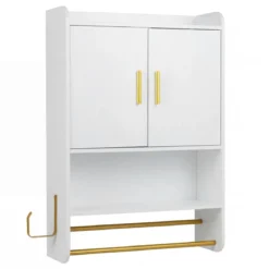 Hängender Badezimmerschrank 2 Türen Ablagen Handtuchhalter Verstellbar 55x20x80 cm Weiß