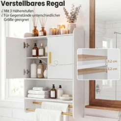 Hängender Badezimmerschrank 2 Türen Ablagen Handtuchhalter Verstellbar 55x20x80 cm Weiß