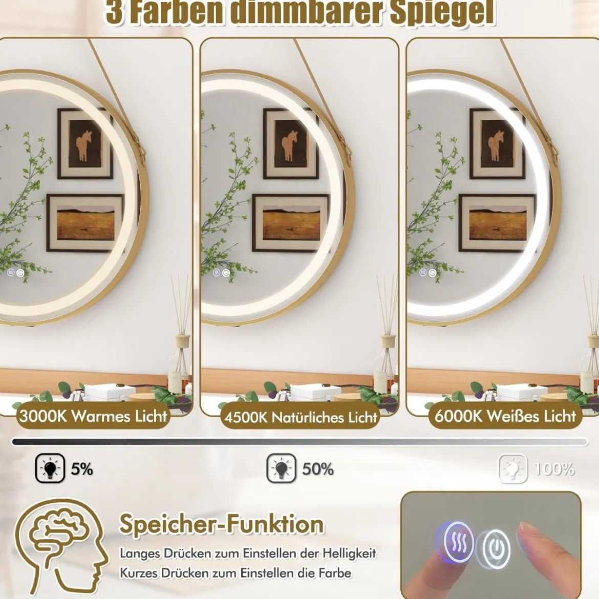 Hängender Badezimmerspiegel Touch-Schalter Antibeschlagfunktion hängend oder mit Aufhängegurt an der Wand