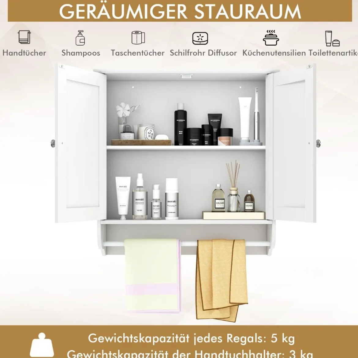 Hängender Badschrank mit Handtuchhalter Badezimmerschrank 60 x 21 x 61 cm Weiß