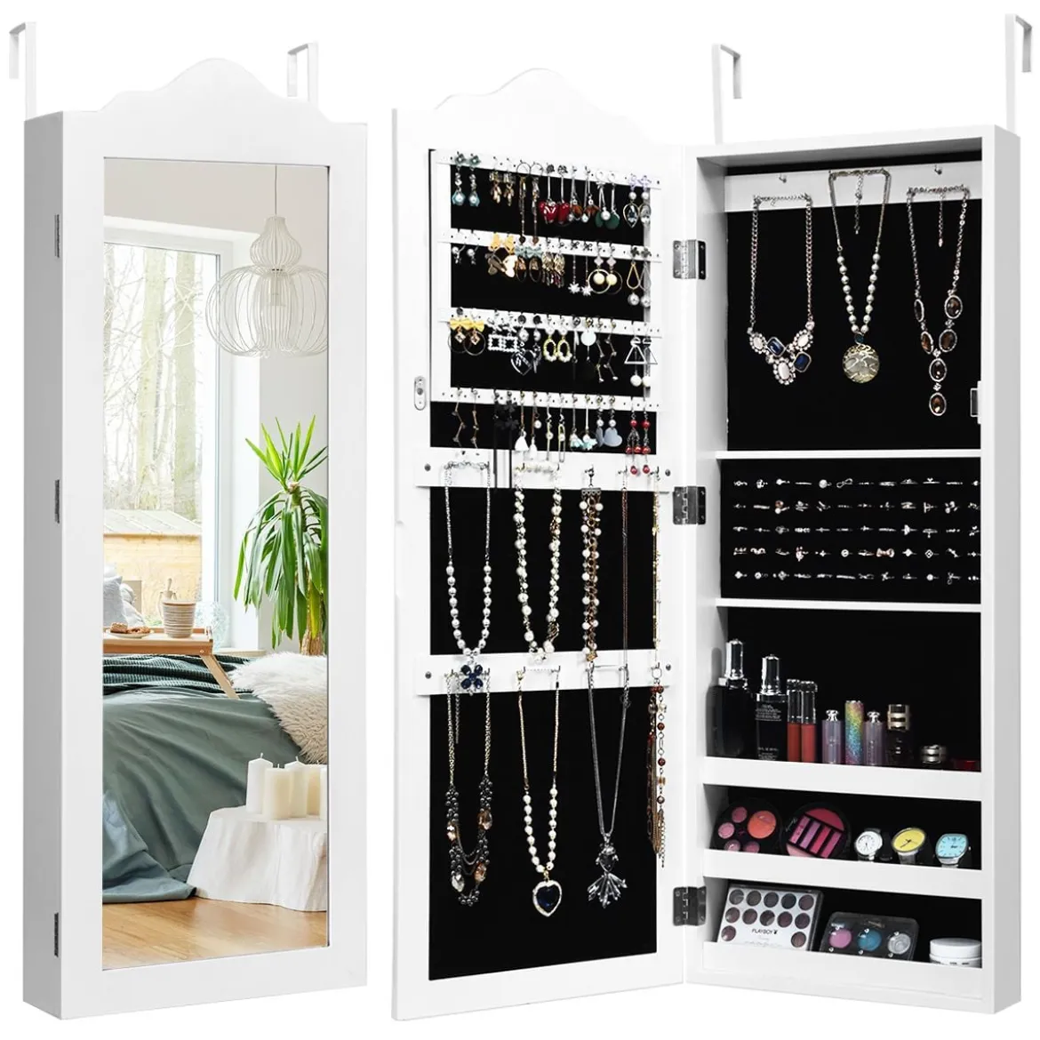 Hängender Schmuckschrank mit Ganzkörperspiegel Spiegelschrank 35 x 96 x 9,5 cm Weiß