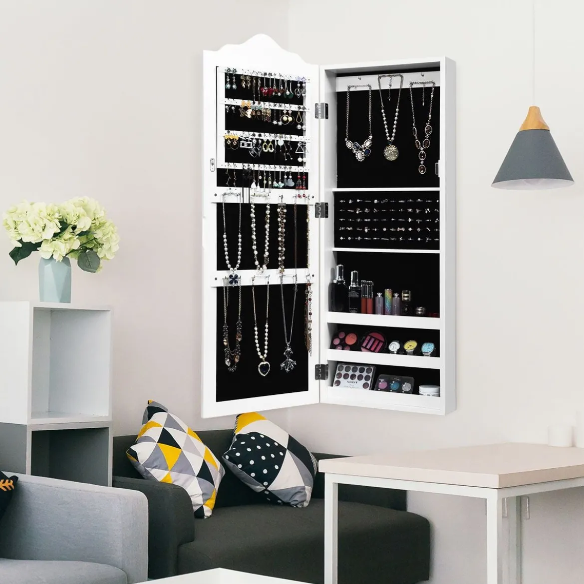 Hängender Schmuckschrank mit Ganzkörperspiegel Spiegelschrank 35 x 96 x 9,5 cm Weiß