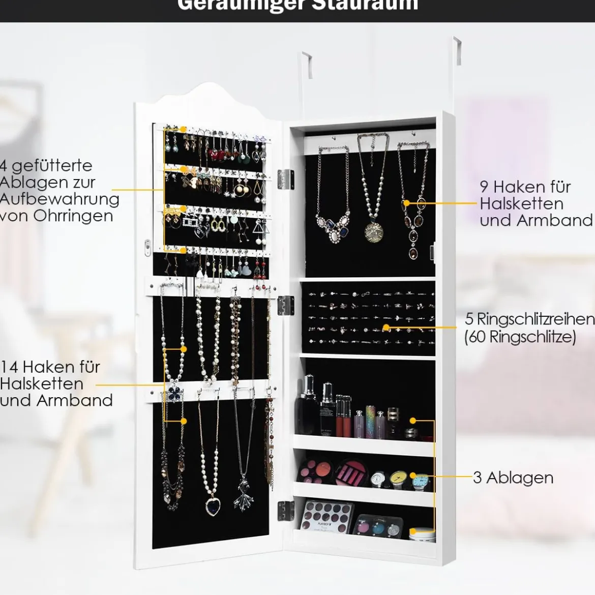 Hängender Schmuckschrank mit Ganzkörperspiegel Spiegelschrank 35 x 96 x 9,5 cm Weiß