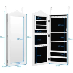 Hängender Schmuckschrank mit Ganzkörperspiegel Spiegelschrank 35 x 96 x 9,5 cm Weiß