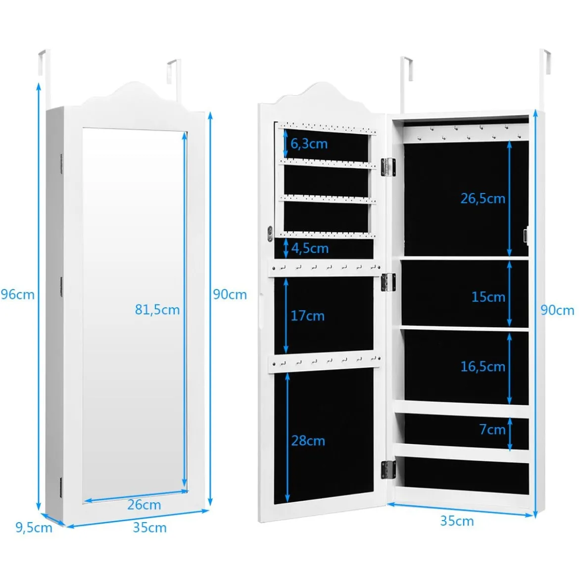 Hängender Schmuckschrank mit Ganzkörperspiegel Spiegelschrank 35 x 96 x 9,5 cm Weiß