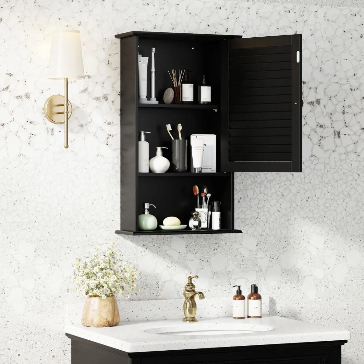 Hängeschrank Badezimmerschrank Wandschrank mit Verstellbarem Einlegeboden Schwarz