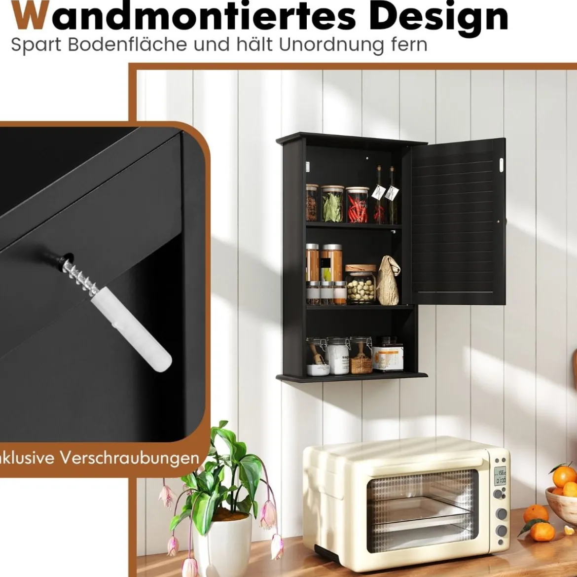 Hängeschrank Badezimmerschrank Wandschrank mit Verstellbarem Einlegeboden Schwarz