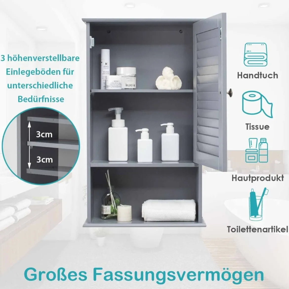 Hängeschrank Badezimmerschrank Wandschrank mit Verstellbarem Einlegeboden Grau