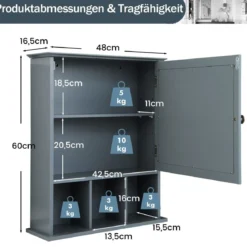 Hängeschrank Badhängeschrank mit verstellbarem Einlegeboden 50 x 16 x 61 cm Grau