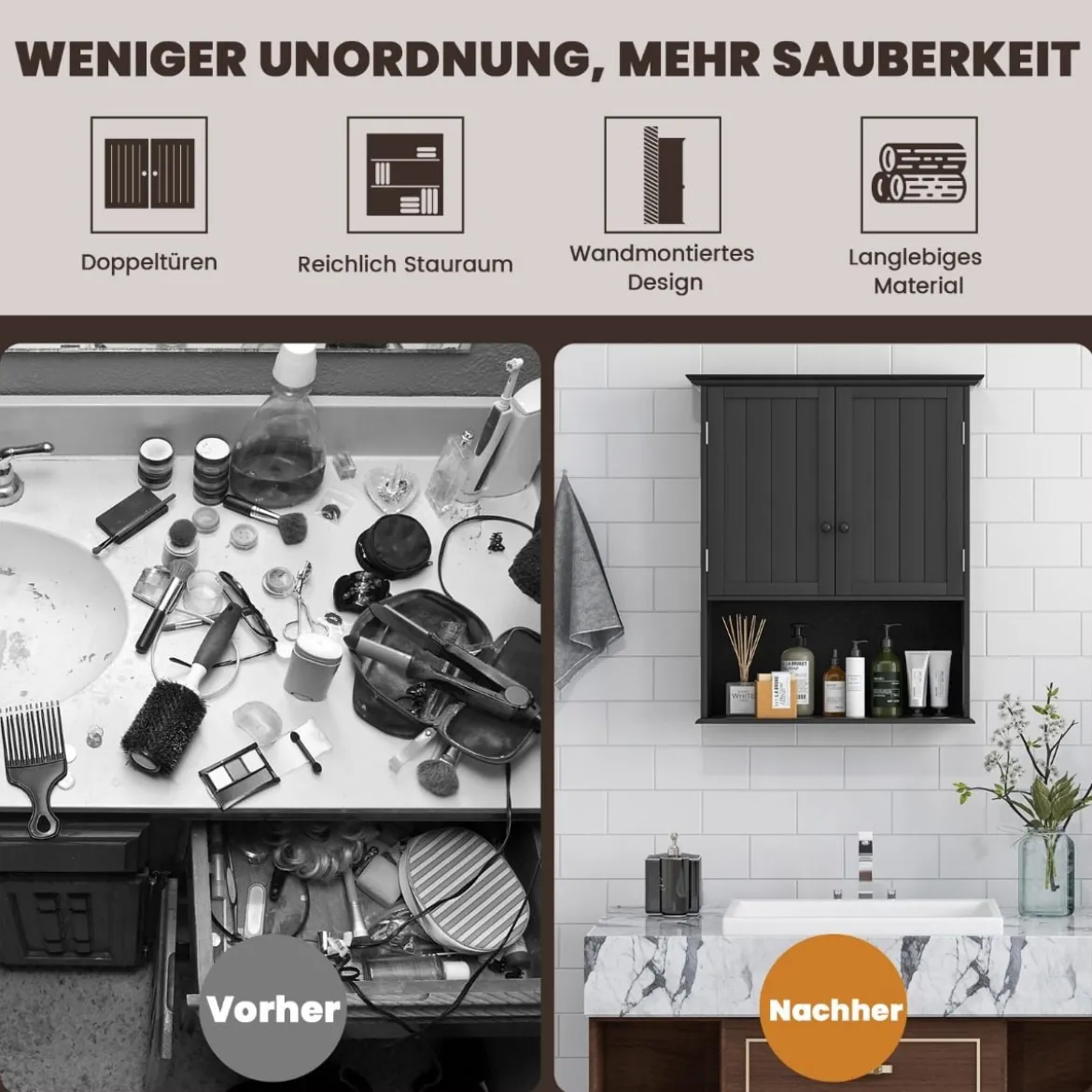 Hängeschrank Medizinschrank Wandschrank mit Doppeltür Badschrank Schwarz