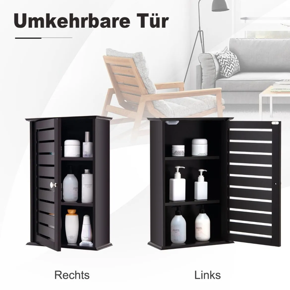 Hängeschrank mit 1 Tür & 2 Verstellbaren Regalen Wandschrank für Bad Kaffee
