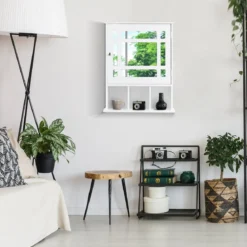 Hängeschrank mit Verstellbarem Einlegeboden & Offenen Fächern Spiegelschrank 50 x 16 x 61 cm Weiß