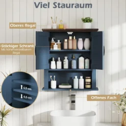 Hängeschrank mit Verstellbaren Ablagen & Türen & Offenem Aufbewahrungsfach Wandschrank Blau