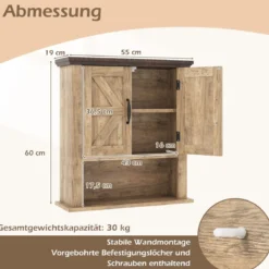 Hängeschrank mit Verstellbaren Ablagen & Türen & Offenem Aufbewahrungsfach Wandschrank Natur