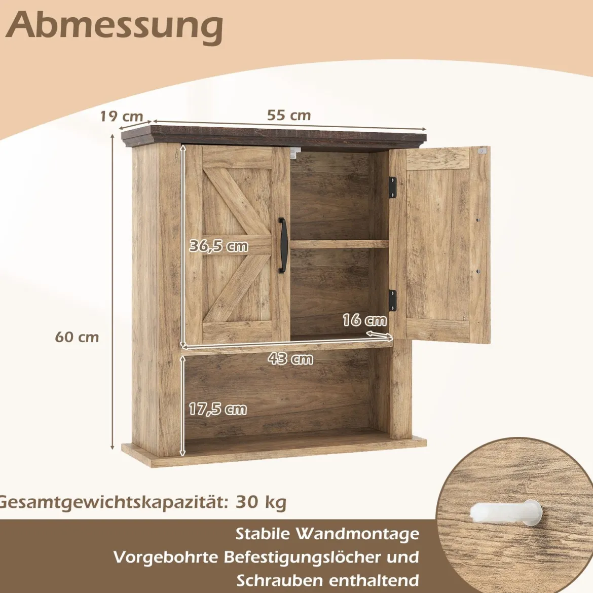 Hängeschrank mit Verstellbaren Ablagen & Türen & Offenem Aufbewahrungsfach Wandschrank Natur