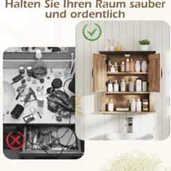 Hängeschrank mit Verstellbaren Ablagen & Türen & Offenem Aufbewahrungsfach Wandschrank Natur