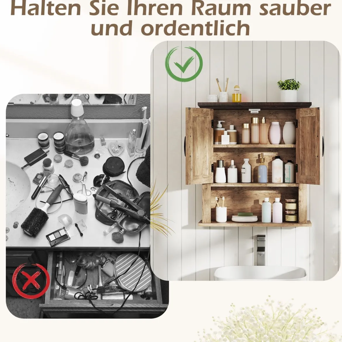 Hängeschrank mit Verstellbaren Ablagen & Türen & Offenem Aufbewahrungsfach Wandschrank Natur