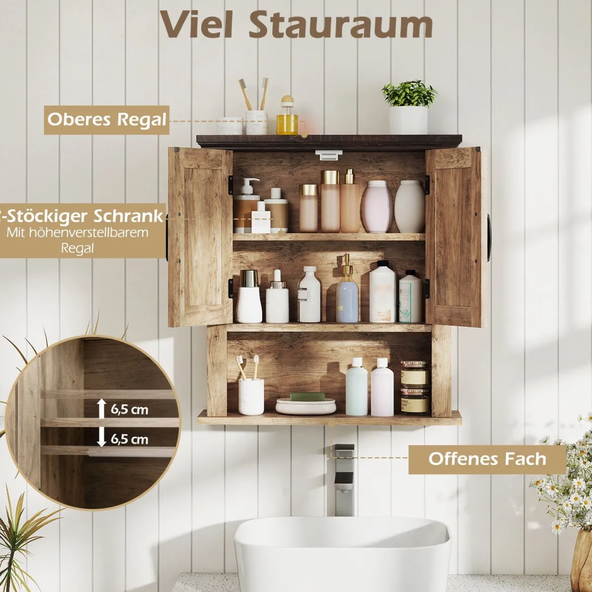 Hängeschrank mit Verstellbaren Ablagen & Türen & Offenem Aufbewahrungsfach Wandschrank Natur
