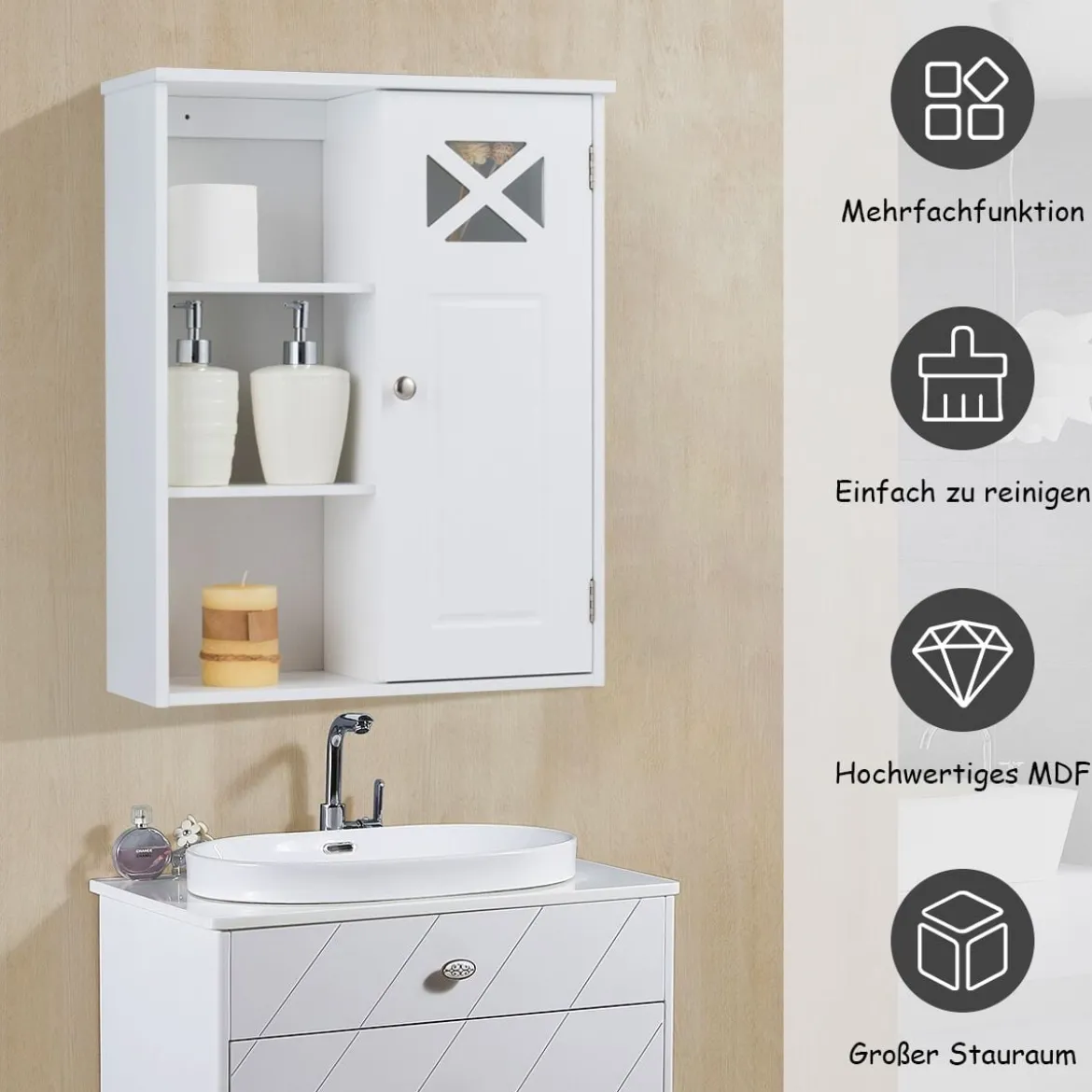 Hängeschrank Verstellbarer Einlegeboden Badezimmer Wandschrank Weiß Holz 48,5x 17,5 x 61 cm