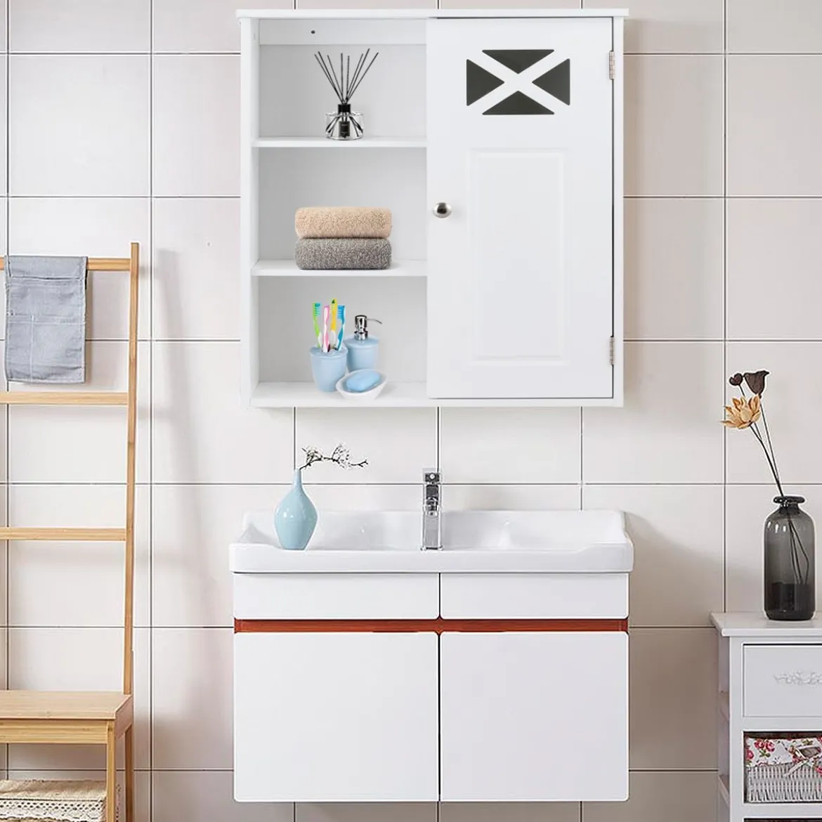 Hängeschrank Verstellbarer Einlegeboden Badezimmer Wandschrank Weiß Holz 48,5x 17,5 x 61 cm