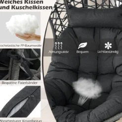 Hängesessel aus PE-Rattan mit Gestell & Weichem Kissen Hängekorb Sessel Hängeschaukel Grau