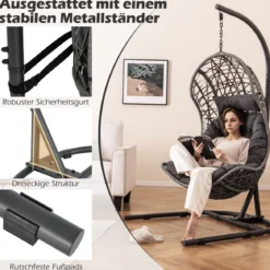 Hängesessel aus PE-Rattan mit Gestell & Weichem Kissen Hängekorb Sessel Hängeschaukel Grau