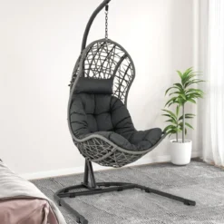 Hängesessel aus PE-Rattan mit Gestell & Weichem Kissen Hängekorb Sessel Hängeschaukel Grau