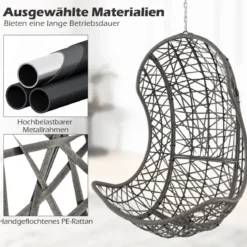 Hängesessel aus PE-Rattan mit Weichem Kissen Hängekorb Sessel Hängesitz mit Hängezubehör