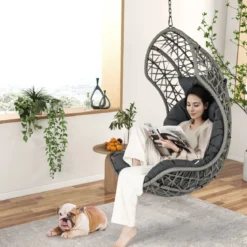 Hängesessel aus PE-Rattan mit Weichem Kissen Hängekorb Sessel Hängesitz mit Hängezubehör