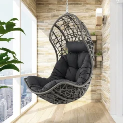 Hängesessel aus PE-Rattan mit Weichem Kissen Hängekorb Sessel Hängesitz mit Hängezubehör