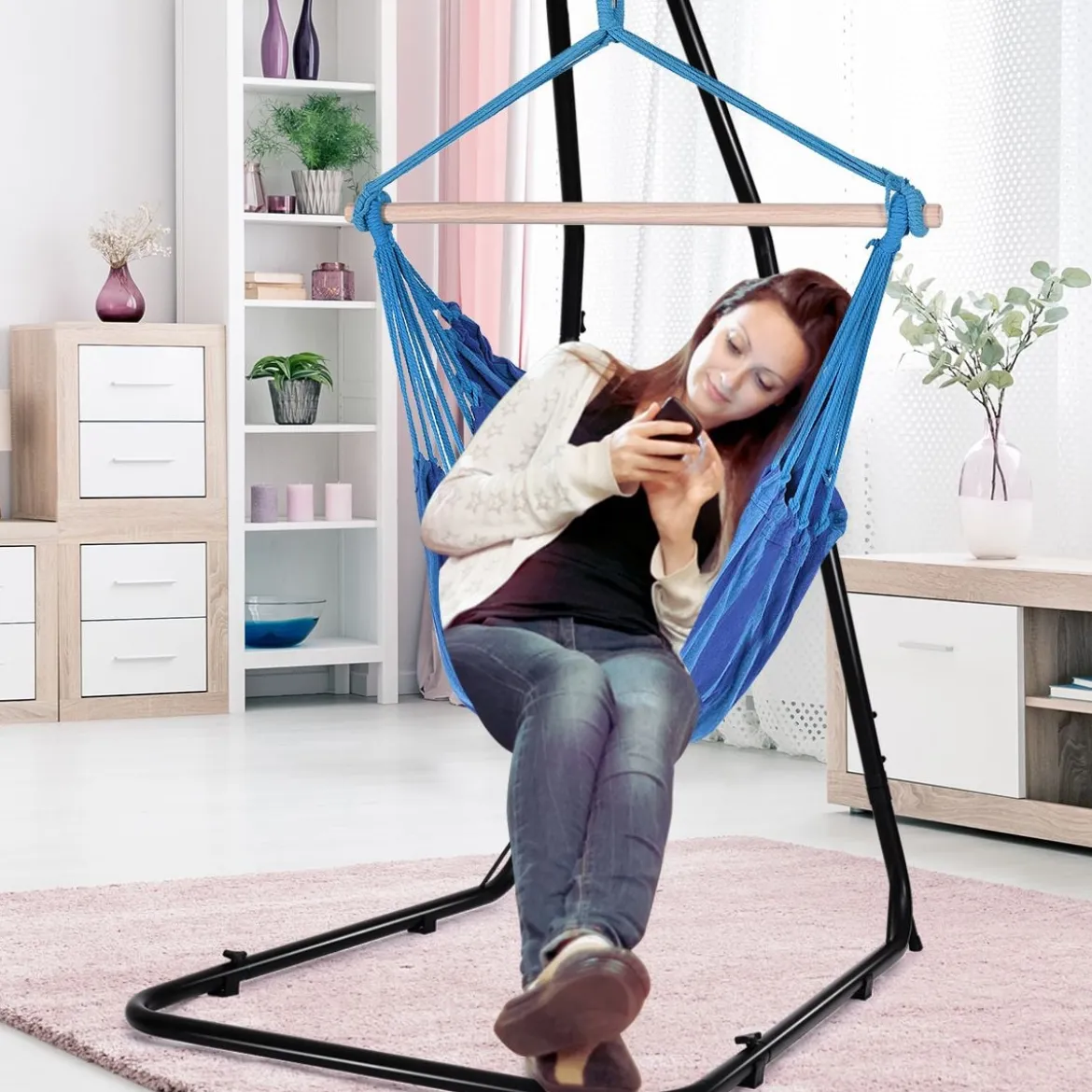 Hängesessel Ø50cm Hängeschaukel Hängestuhl mit 2 Kissen bis 120 kg Blau