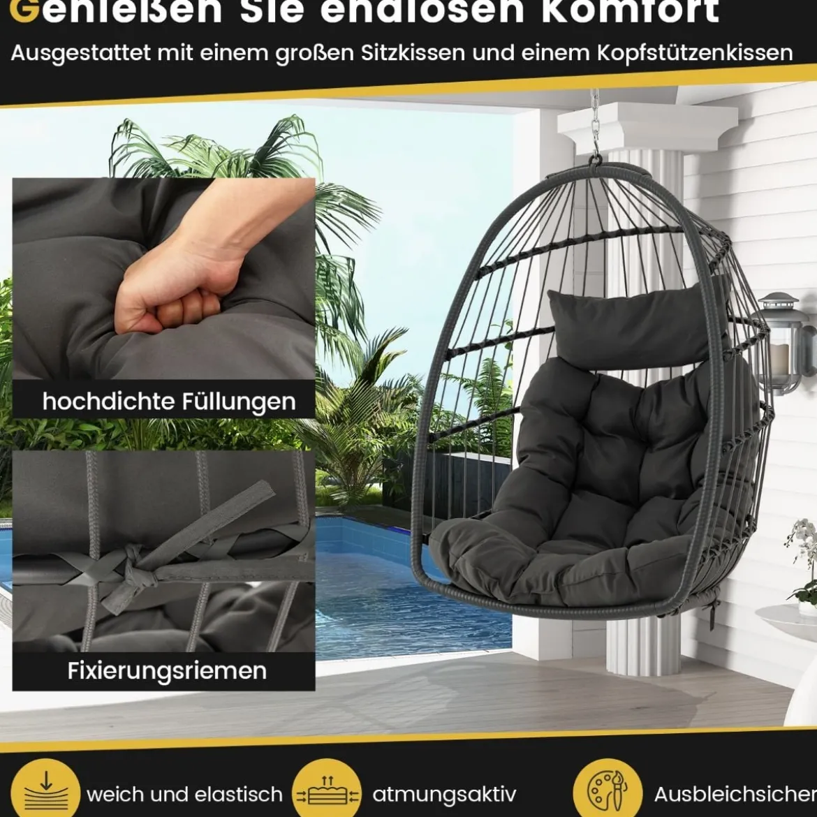 Hängesessel Faltbarer Hängekorb Sessel aus PE-Rattan mit weichem Kissen Grau
