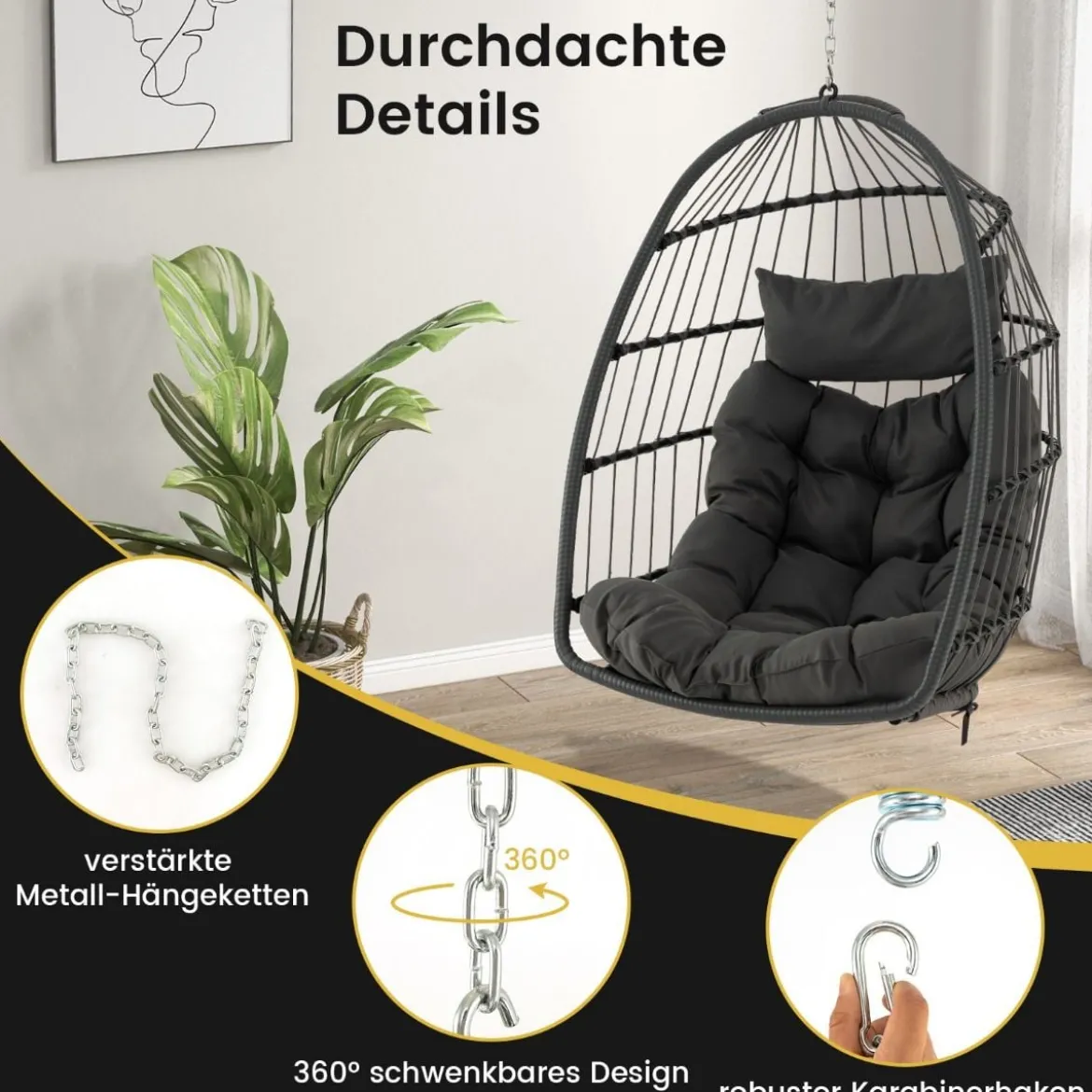 Hängesessel Faltbarer Hängekorb Sessel aus PE-Rattan mit weichem Kissen Grau