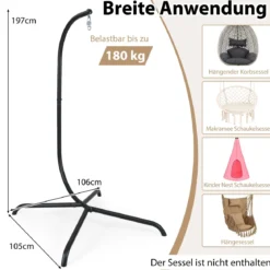 Hängesesselgestell mit Haken bis 180 kg Belastbar Metall Gestell Hängesitzständer Schwarz